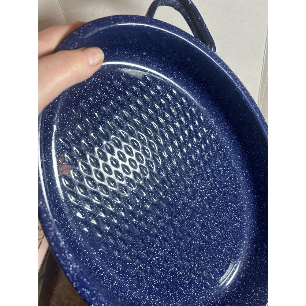 Vintage Blue Speckled Enamel Roasting Pan 14x9.5 Oval w/ Handles Bakeware